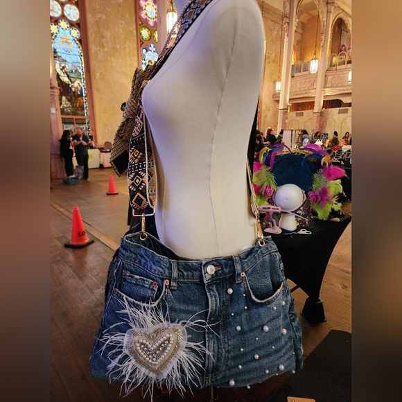 Embellished Denim Crossbody Bag Handcrafted Upcycled Accessory - Picture 3 of 5